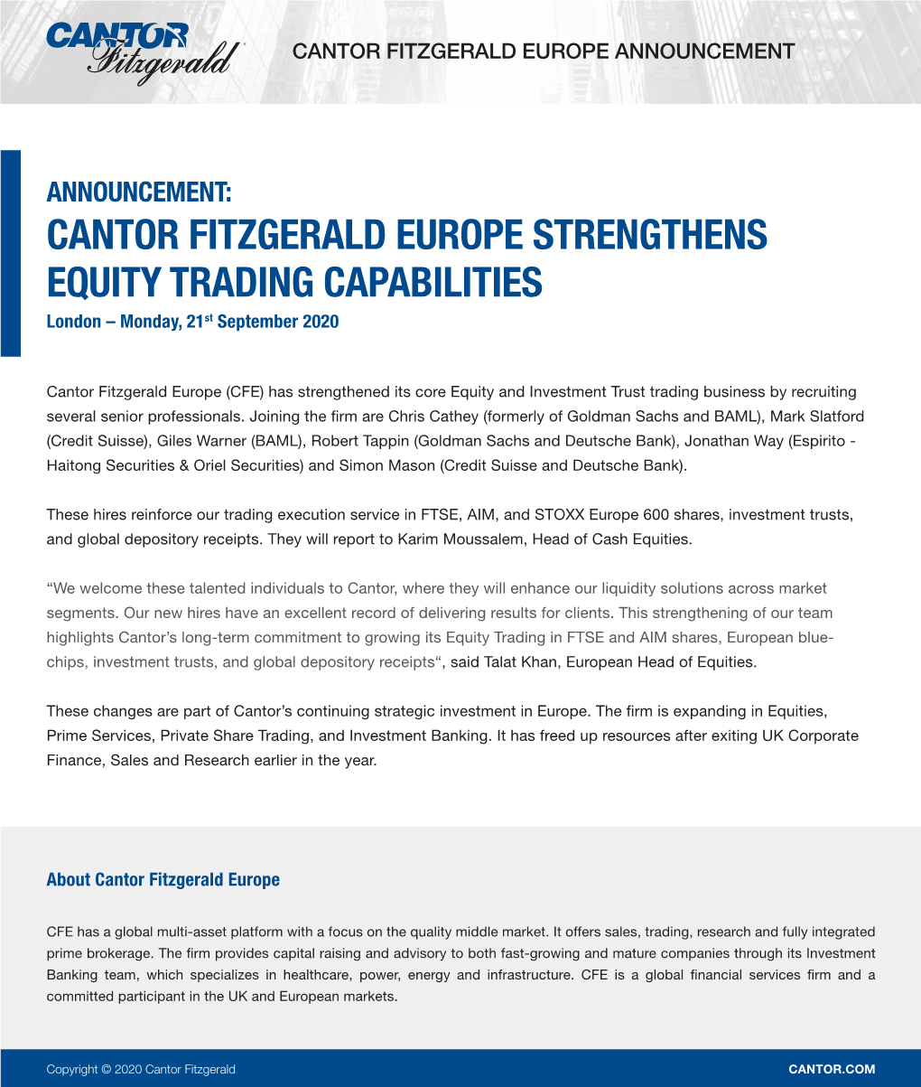 Cantor Fitzgerald Europe Announcement Equity Trading