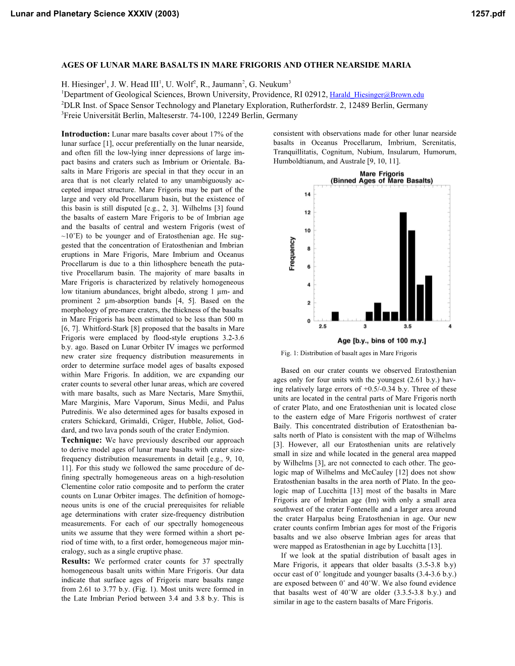 Ages of Lunar Mare Basalts in Mare Frigoris and Other Nearside Maria