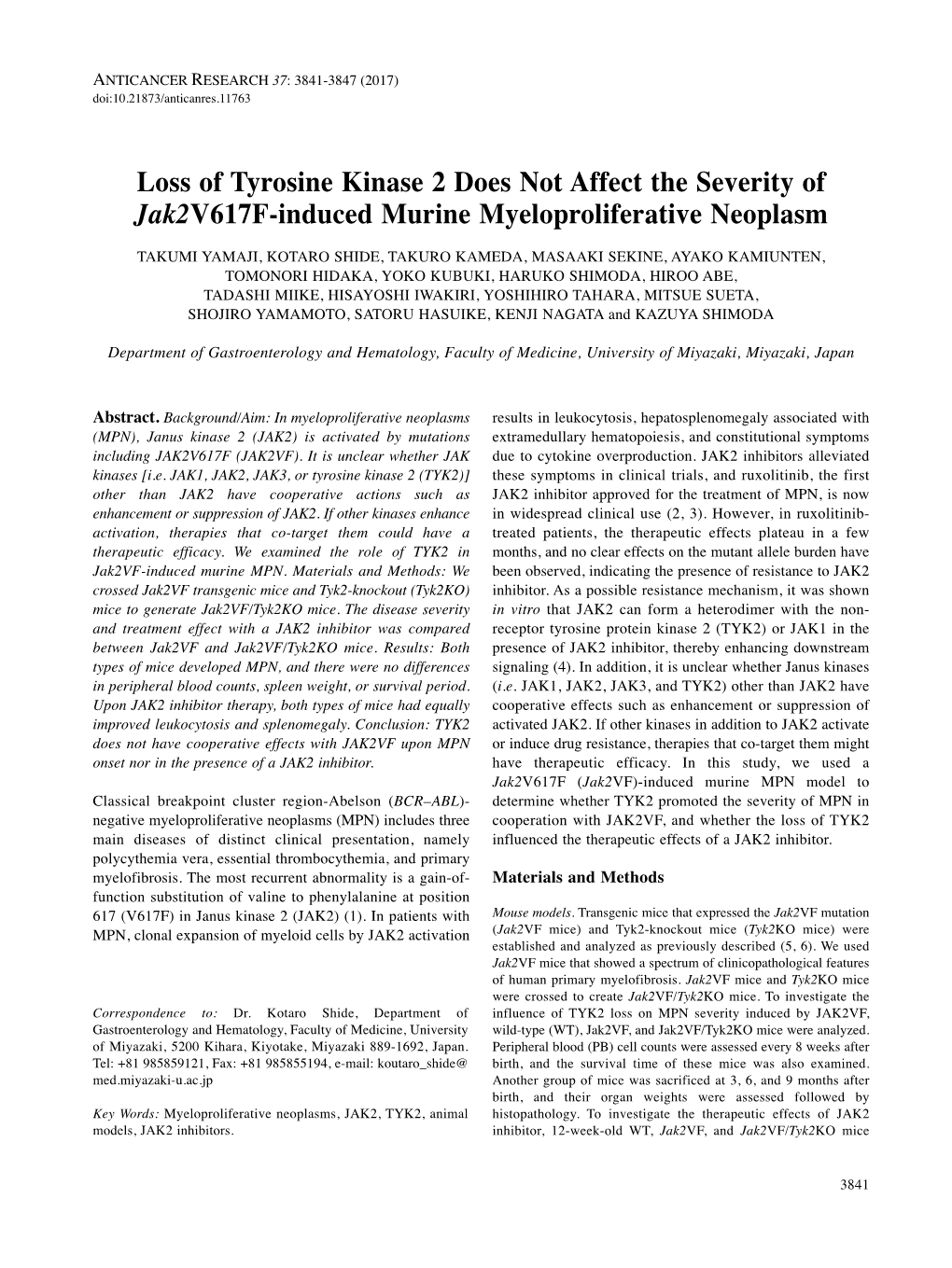 Loss of Tyrosine Kinase 2 Does Not Affect the Severity of Jak2v617f