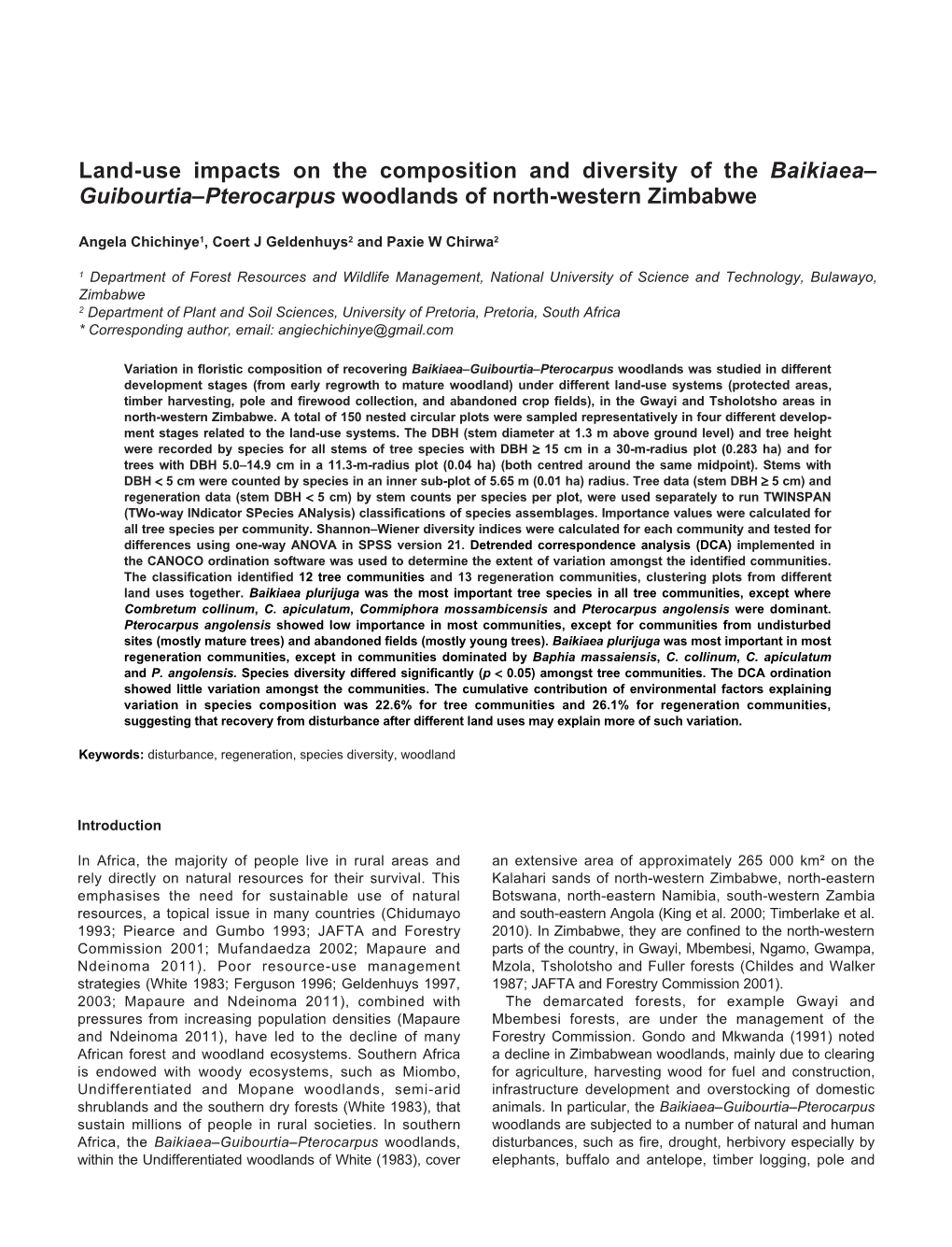 Land-Use Impacts on the Composition and Diversity of the Baikiaea– Guibourtia–Pterocarpus Woodlands of North-Western Zimbabwe