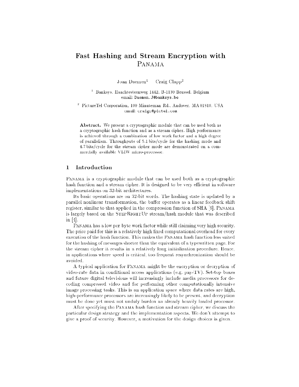 Fast Hashing and Stream Encryption with Panama