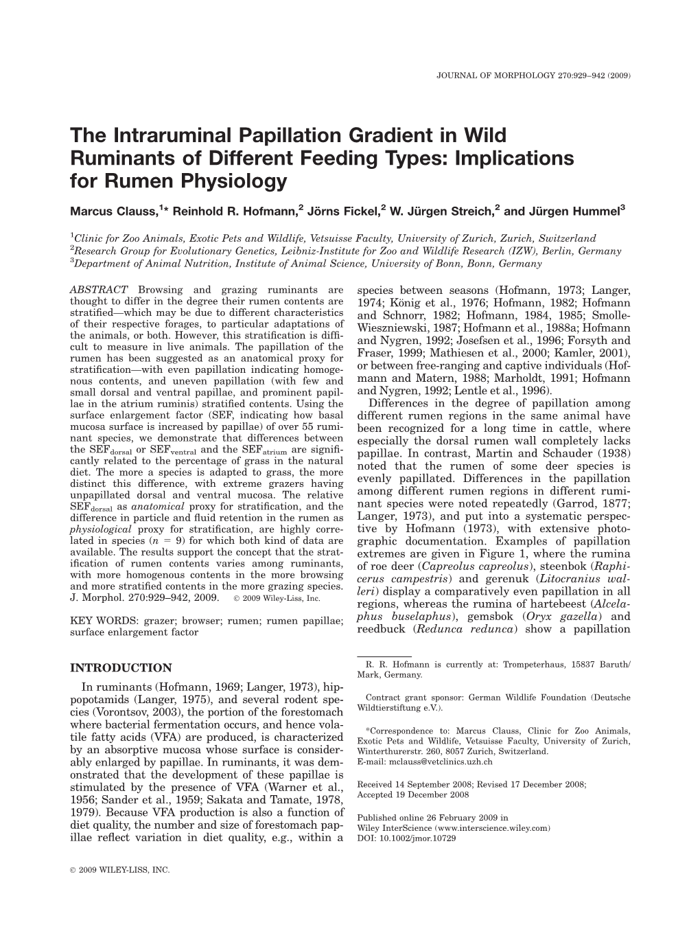 The Intraruminal Papillation Gradient in Wild Ruminants of Different Feeding Types: Implications for Rumen Physiology