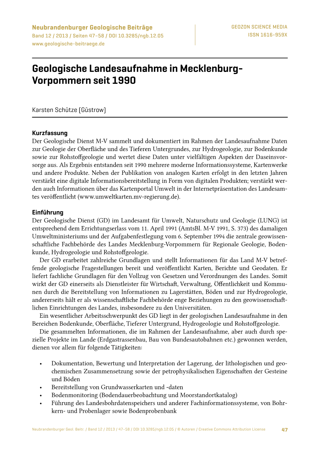 Geologische Landesaufnahme in Mecklenburg-Vorpommern Seit 1990