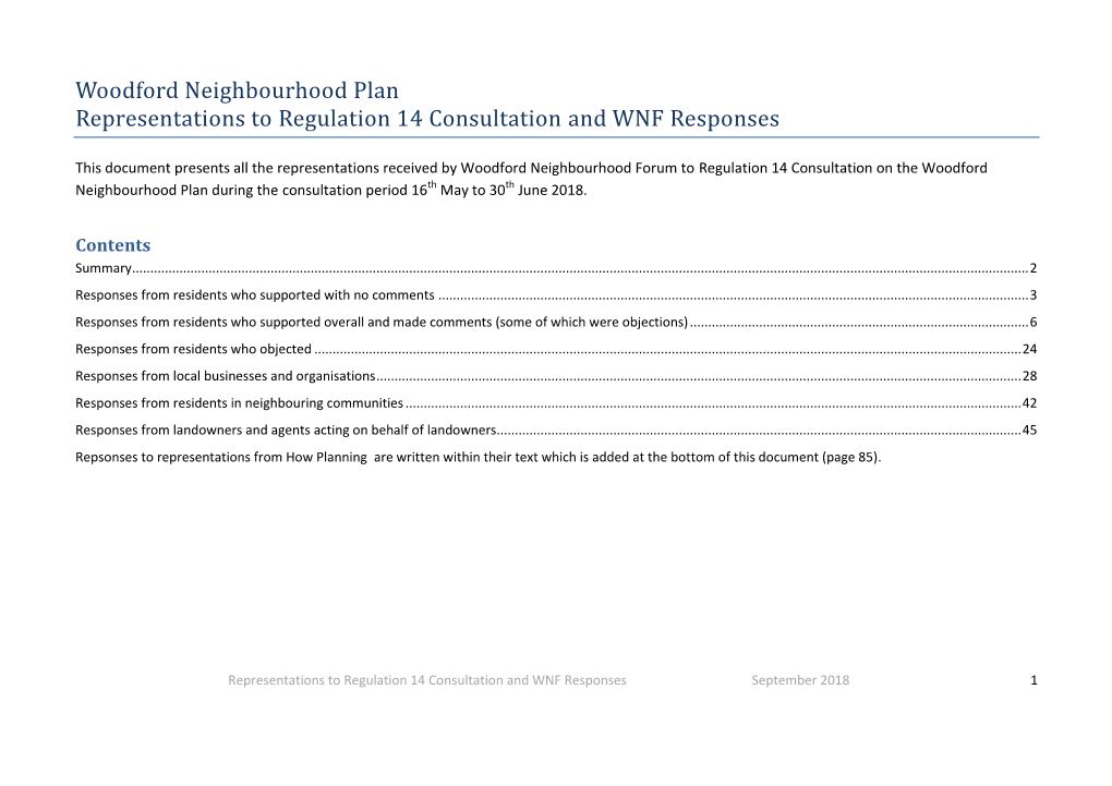Woodford Neighbourhood Plan Representations to Regulation 14 Consultation and WNF Responses