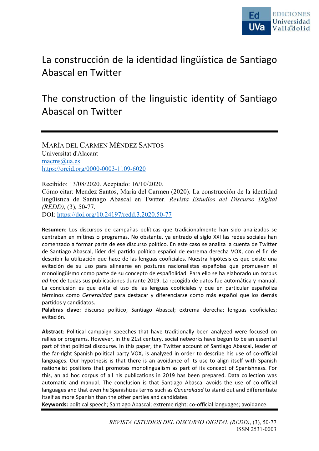 La Construcción De La Identidad Lingüística De Santiago Abascal En Twitter