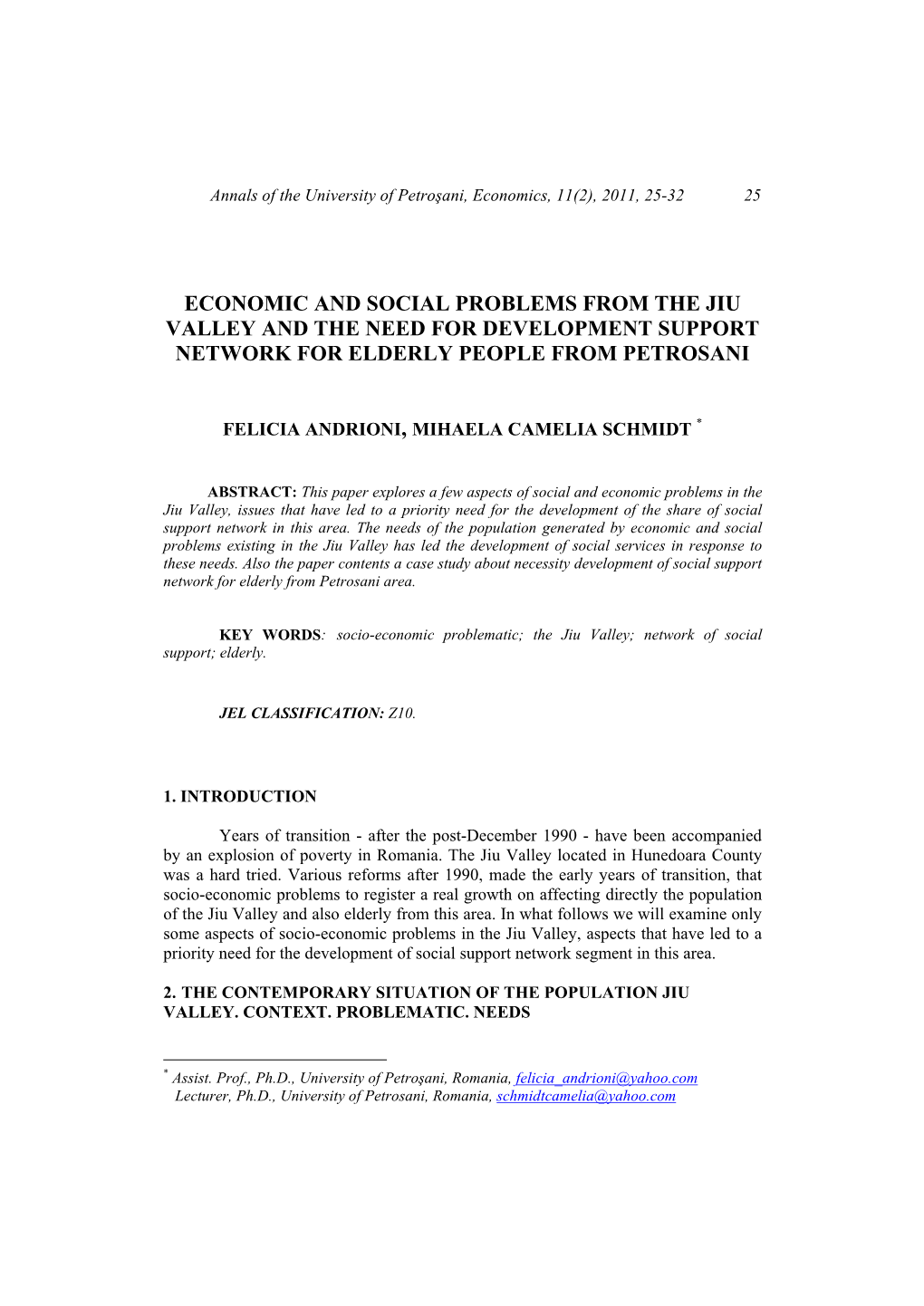 Andrioni, F.; Schmidt, M.C. Economic and Social Problems from the Jiu