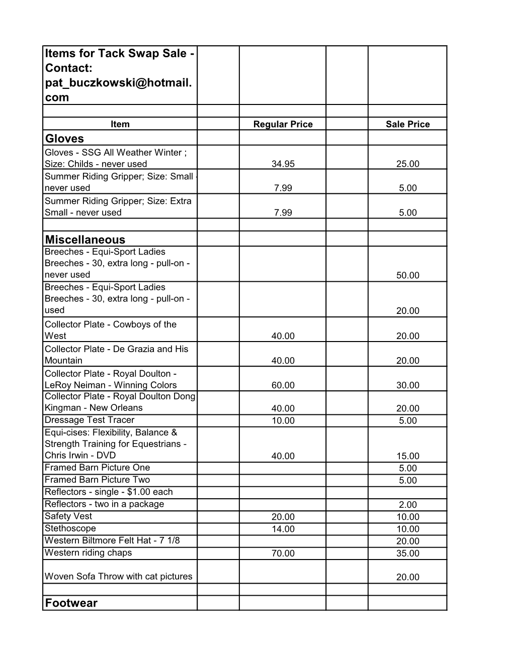 Items for Tack Swap Sale - Contact: Pat Buczkowski@Hotmail