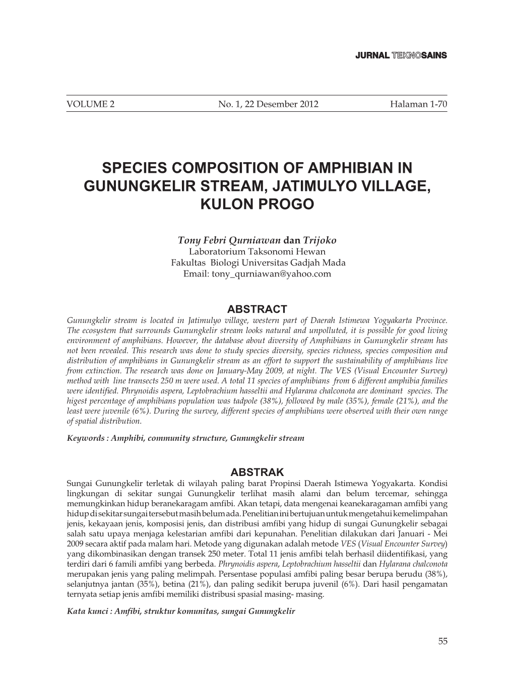 Species Composition of Amphibian in Gunungkelir Stream, Jatimulyo Village, Kulon Progo