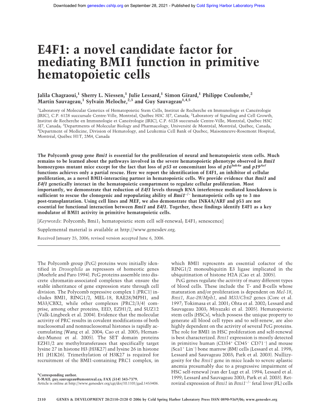 E4F1: a Novel Candidate Factor for Mediating BMI1 Function in Primitive Hematopoietic Cells