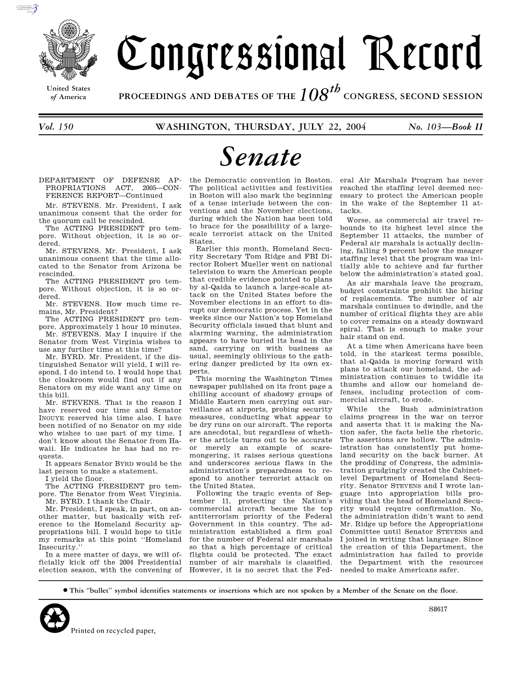 Congressional Record United States Th of America PROCEEDINGS and DEBATES of the 108 CONGRESS, SECOND SESSION