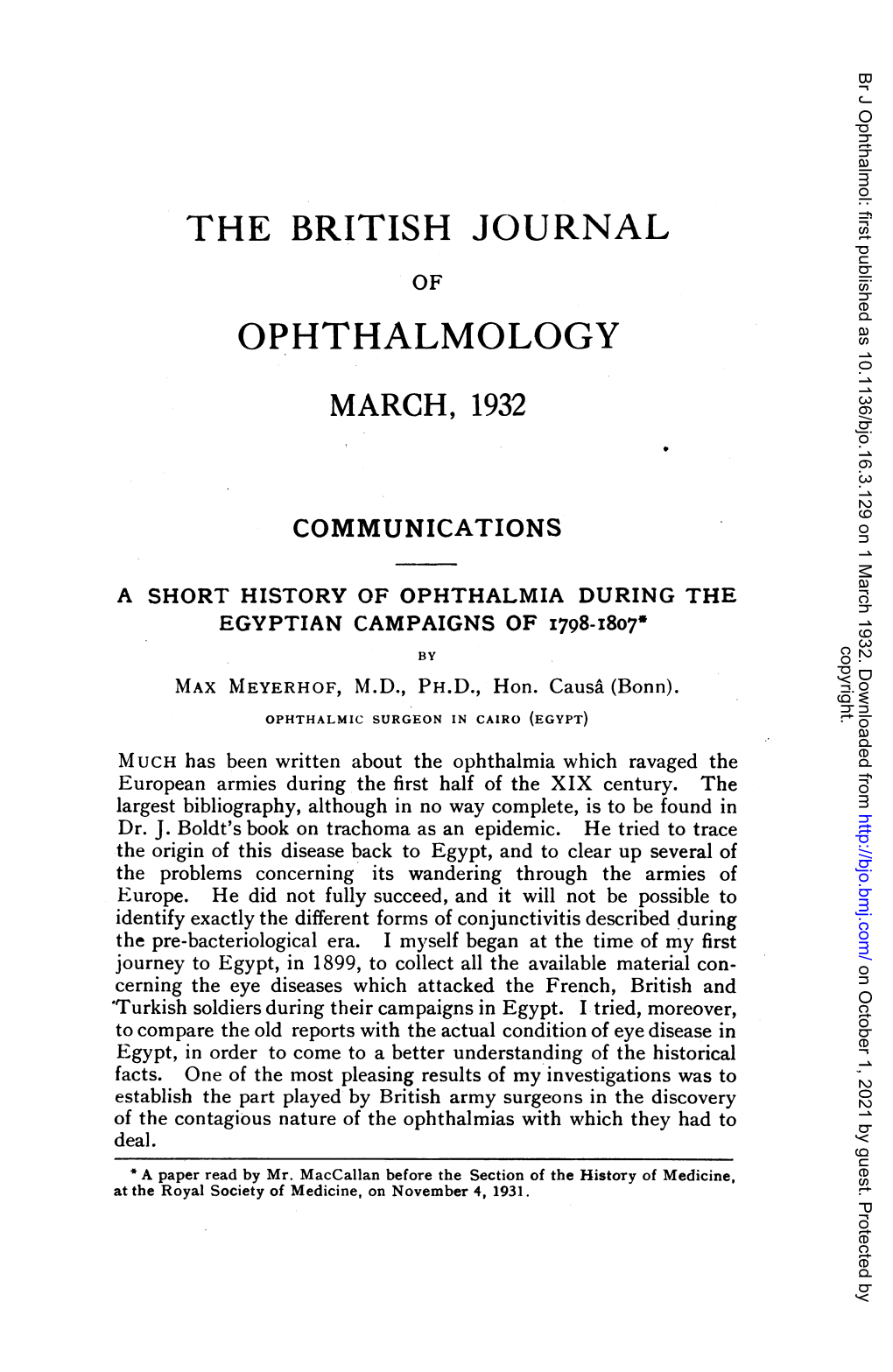 A SHORT HISTORY of OPHTHALMIA DURING the EGYPTIAN CAMPAIGNS of I798-I807* Copyright