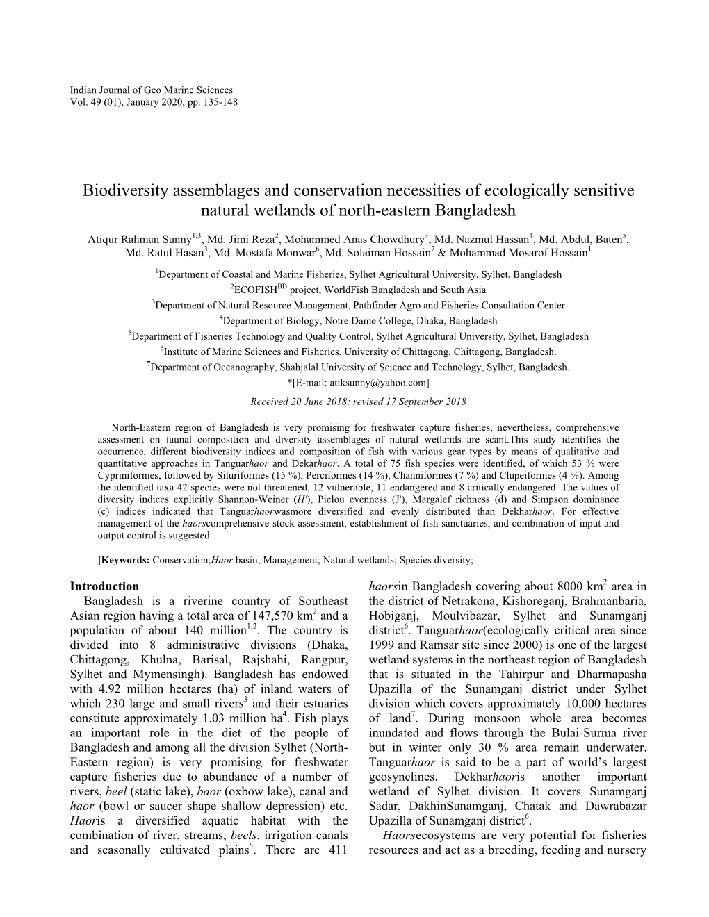 Biodiversity Assemblages and Conservation Necessities of Ecologically Sensitive Natural Wetlands of North-Eastern Bangladesh