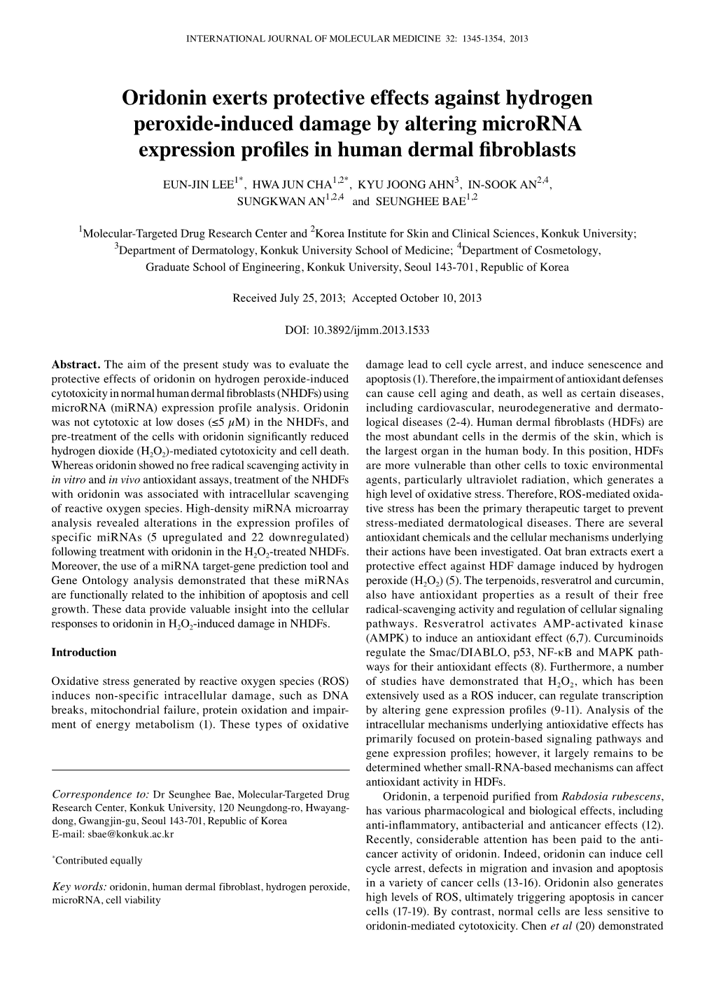 Oridonin Exerts Protective Effects Against Hydrogen Peroxide‑Induced Damage by Altering Microrna Expression Profiles in Human Dermal Fibroblasts