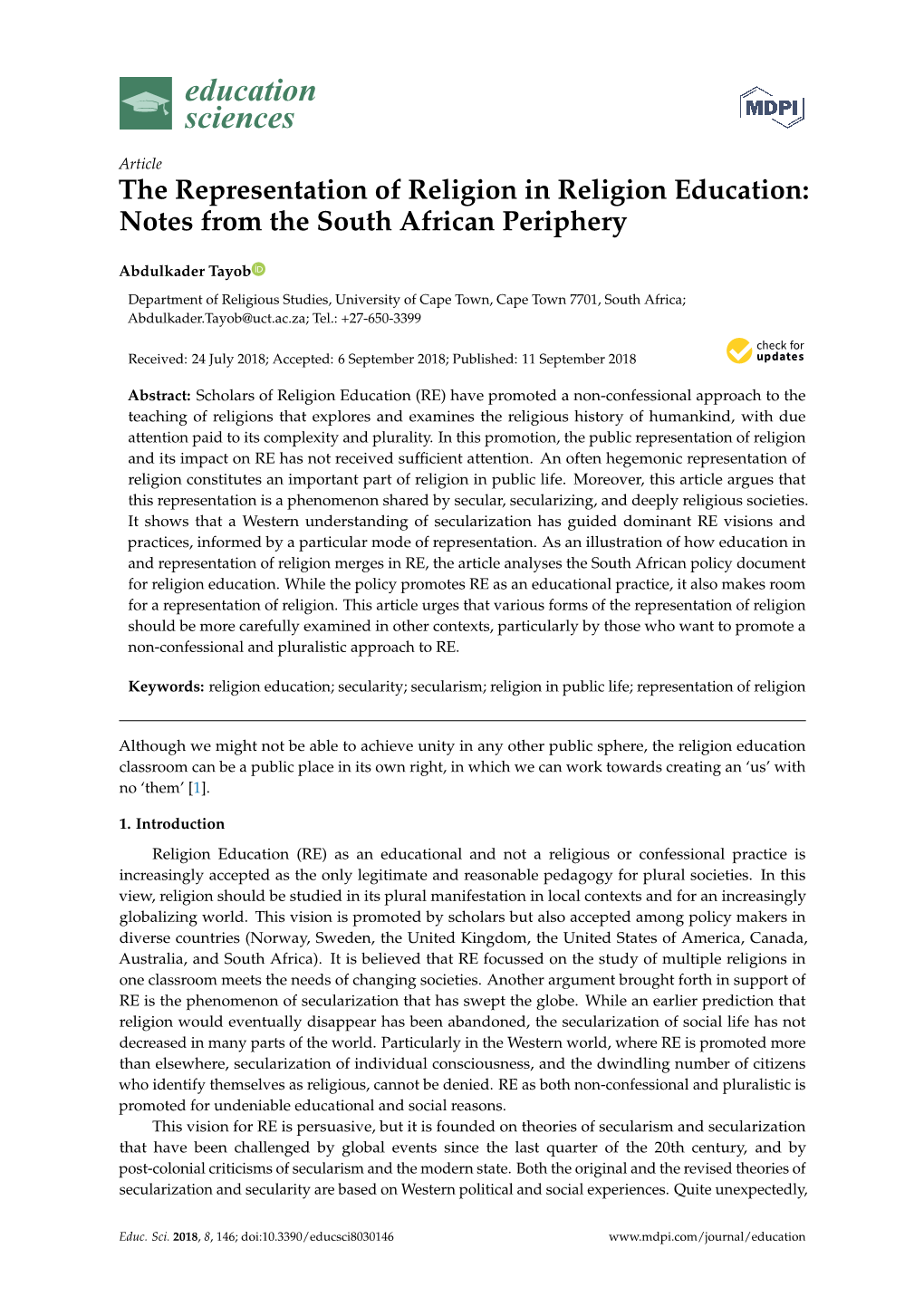 The Representation of Religion in Religion Education: Notes from the South African Periphery