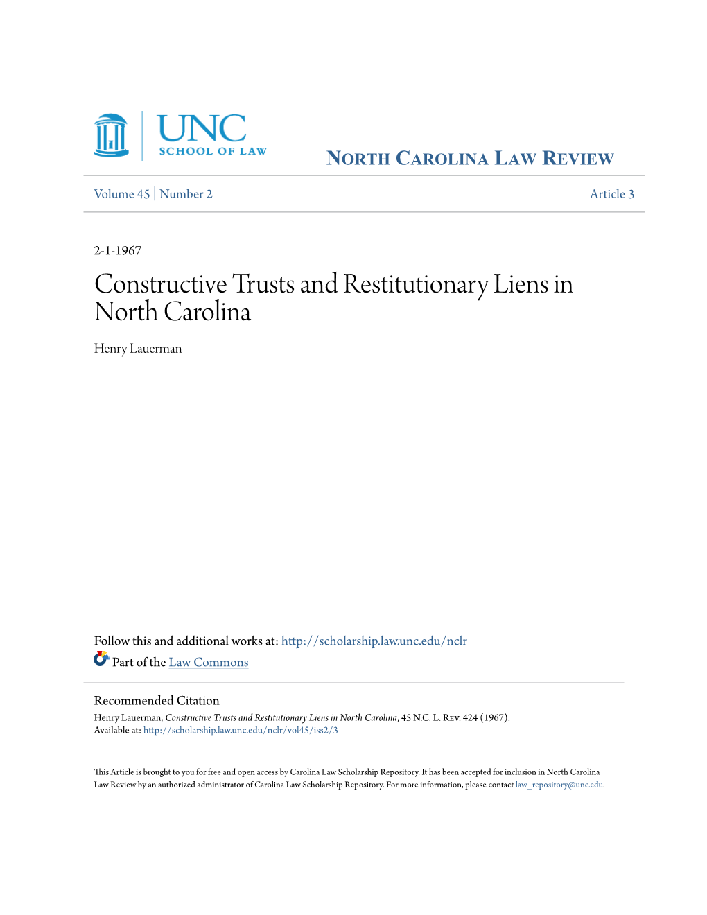 Constructive Trusts and Restitutionary Liens in North Carolina Henry Lauerman