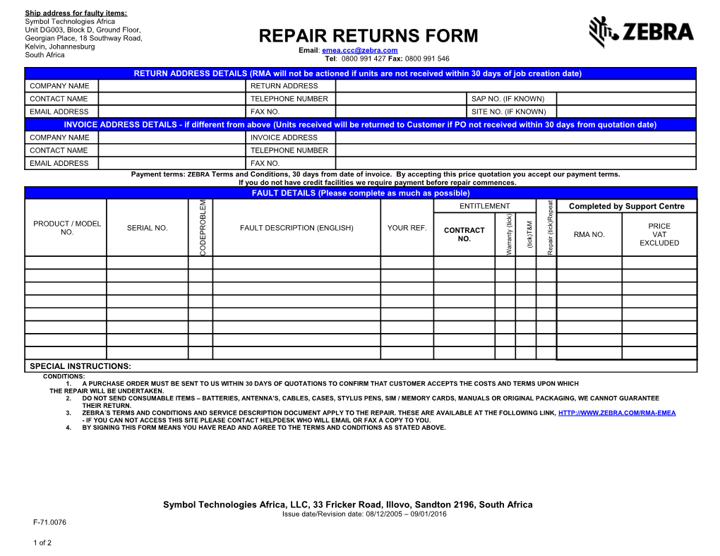 Repair Returns Form