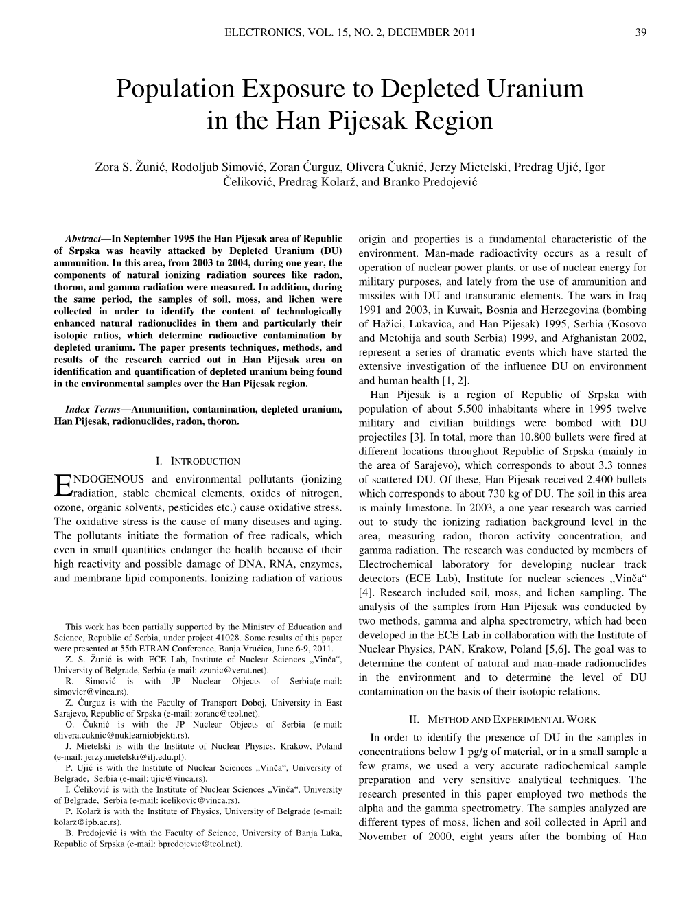 Population Exposure to Depleted Uranium in the Han Pijesak Region