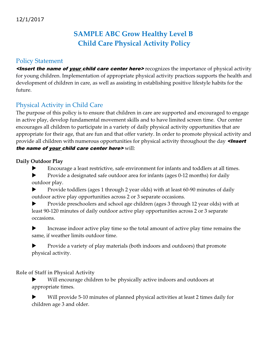 ABC Child Care Center Nutrition Policy