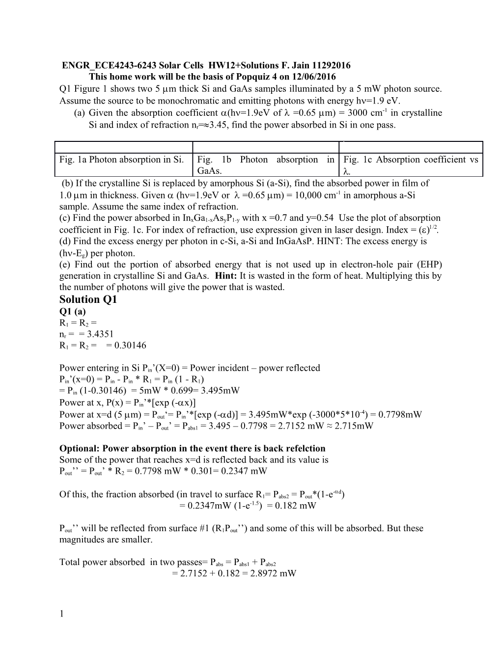 ENGR ECE4243-6243 Solar Cells HW12+Solutions F. Jain 11292016