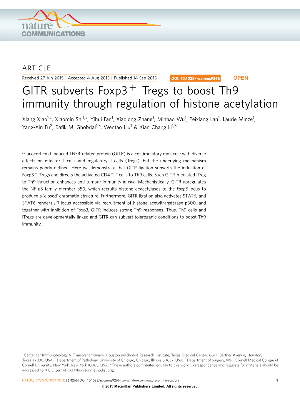 Tregs to Boost Th9 Immunity Through Regulation of Histone Acetylation