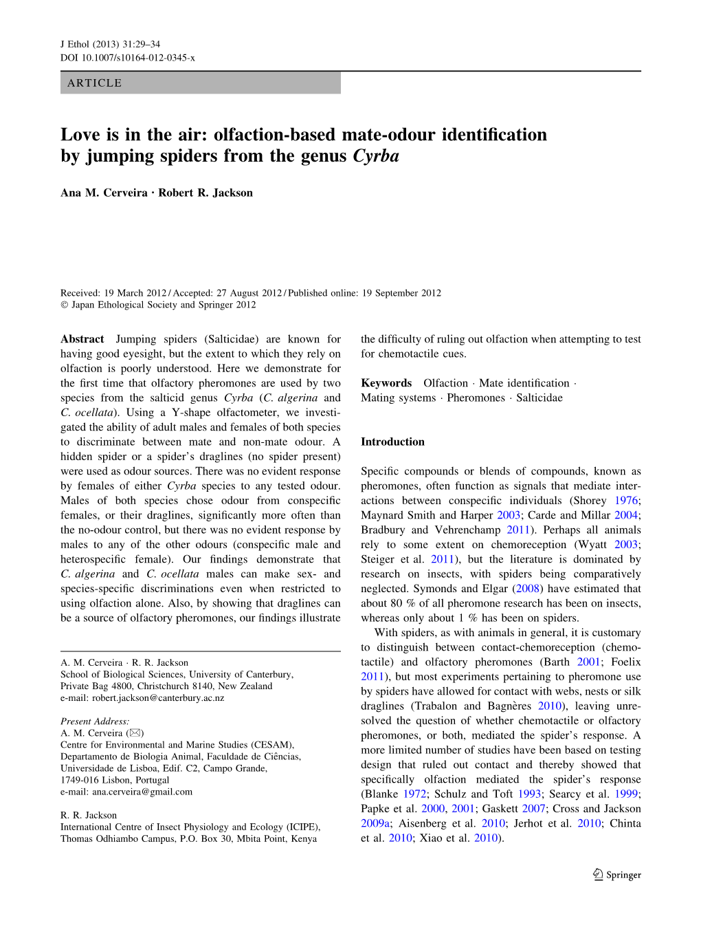 Olfaction-Based Mate-Odour Identification by Jumping