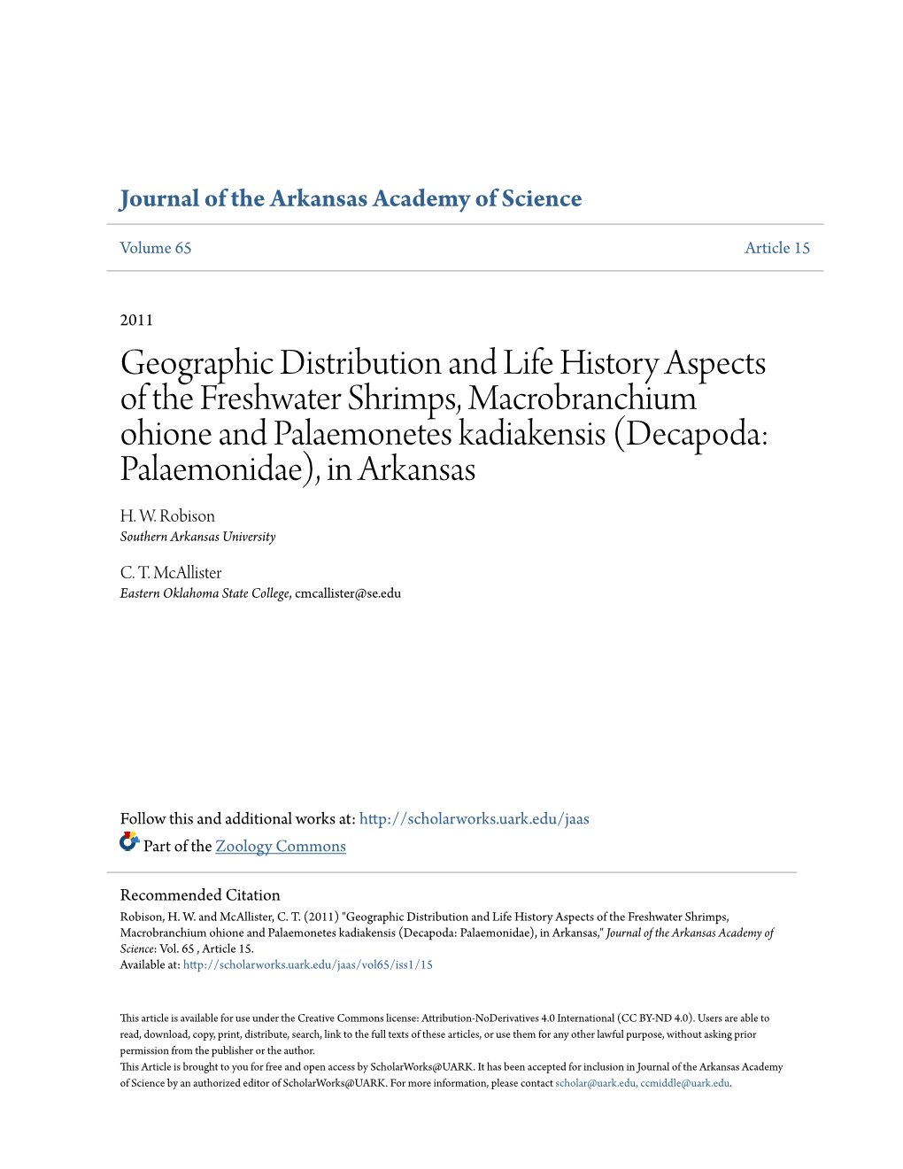 Geographic Distribution and Life History Aspects of the Freshwater Shrimps, Macrobranchium Ohione and Palaemonetes Kadiakensis (Decapoda: Palaemonidae), in Arkansas H