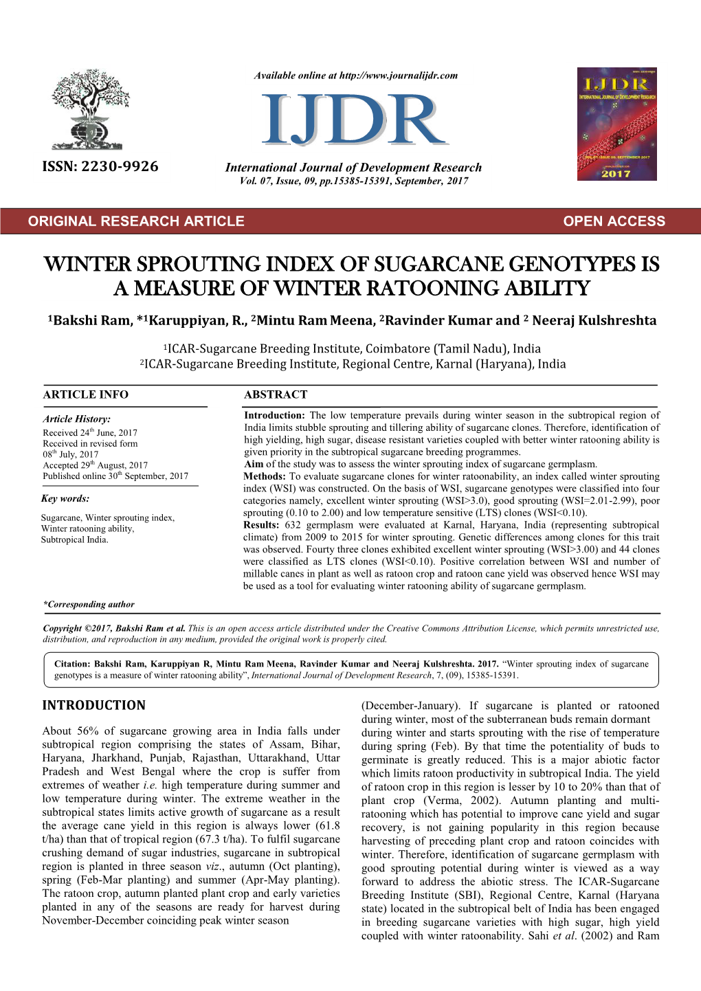 Winter Sprouting Index of Sugarcane Genotypes Is a Measure of Winter Ratooning Ability