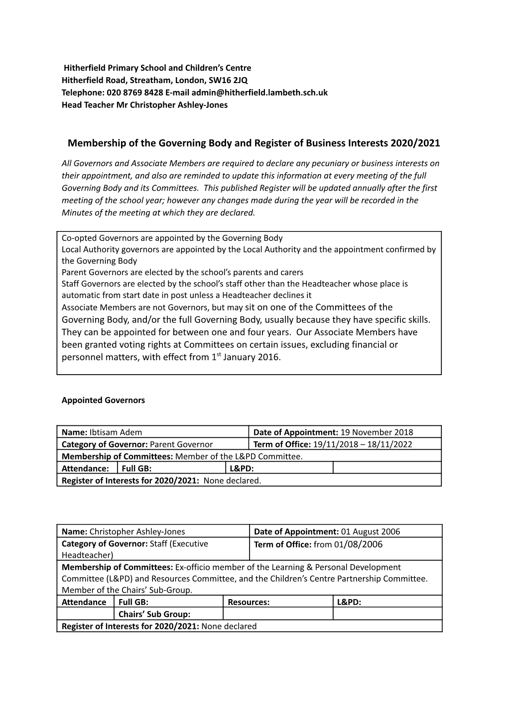 Hitherfield Register of Business Interests 2020/2021