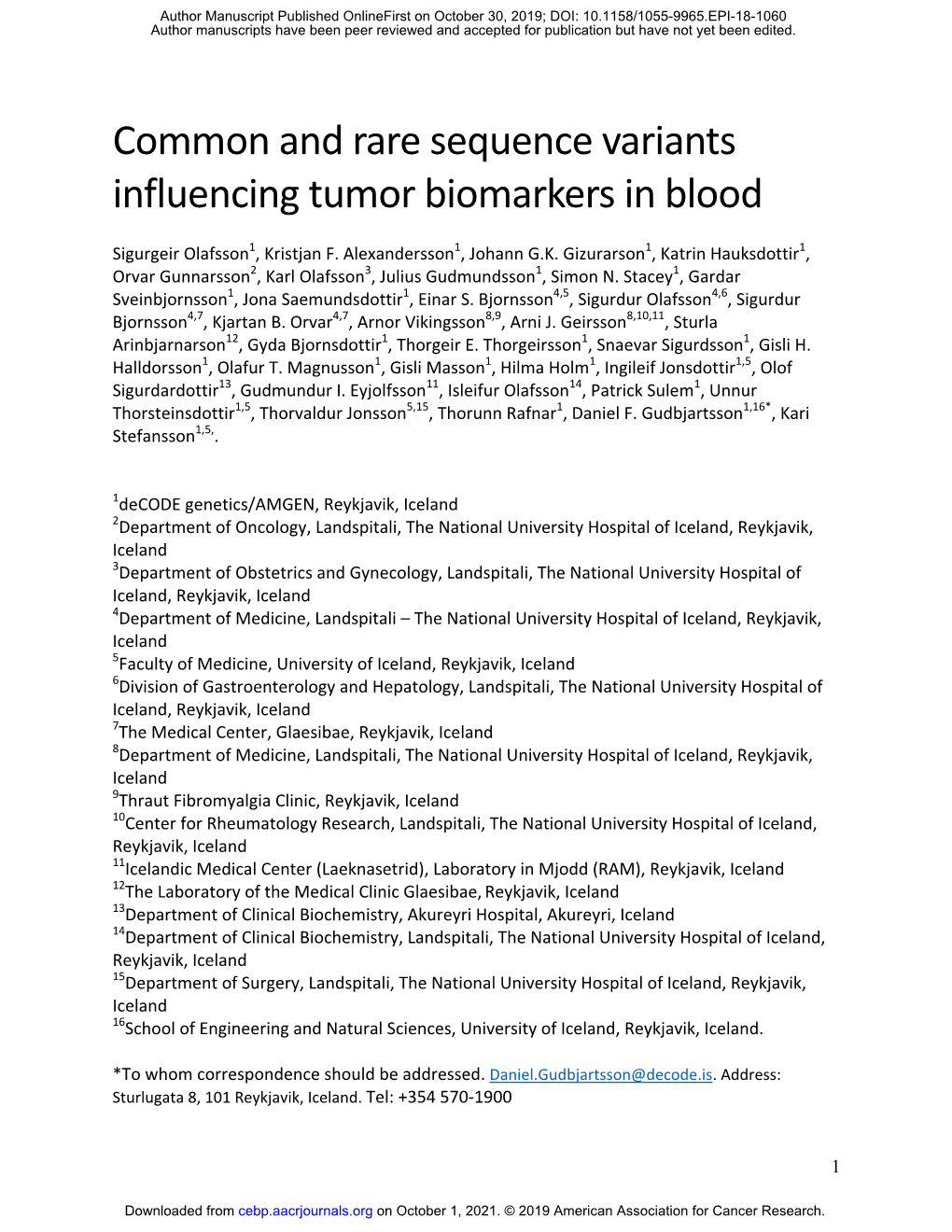 Common and Rare Sequence Variants Influencing Tumor Biomarkers in Blood