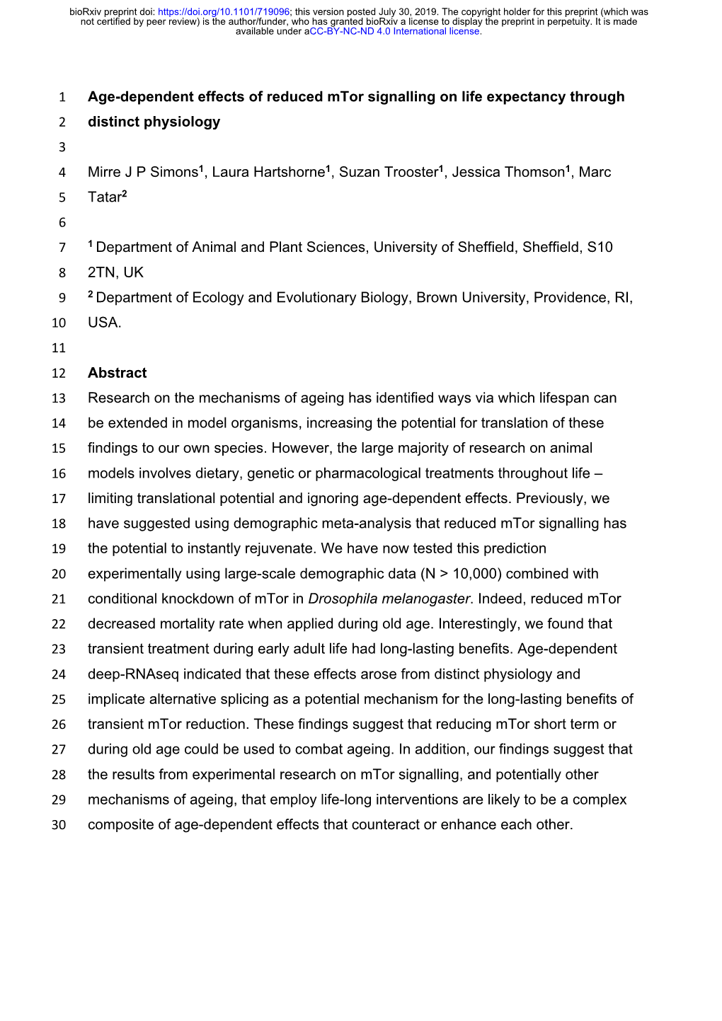 Age-Dependent Effects of Reduced Mtor Signalling on Life Expectancy