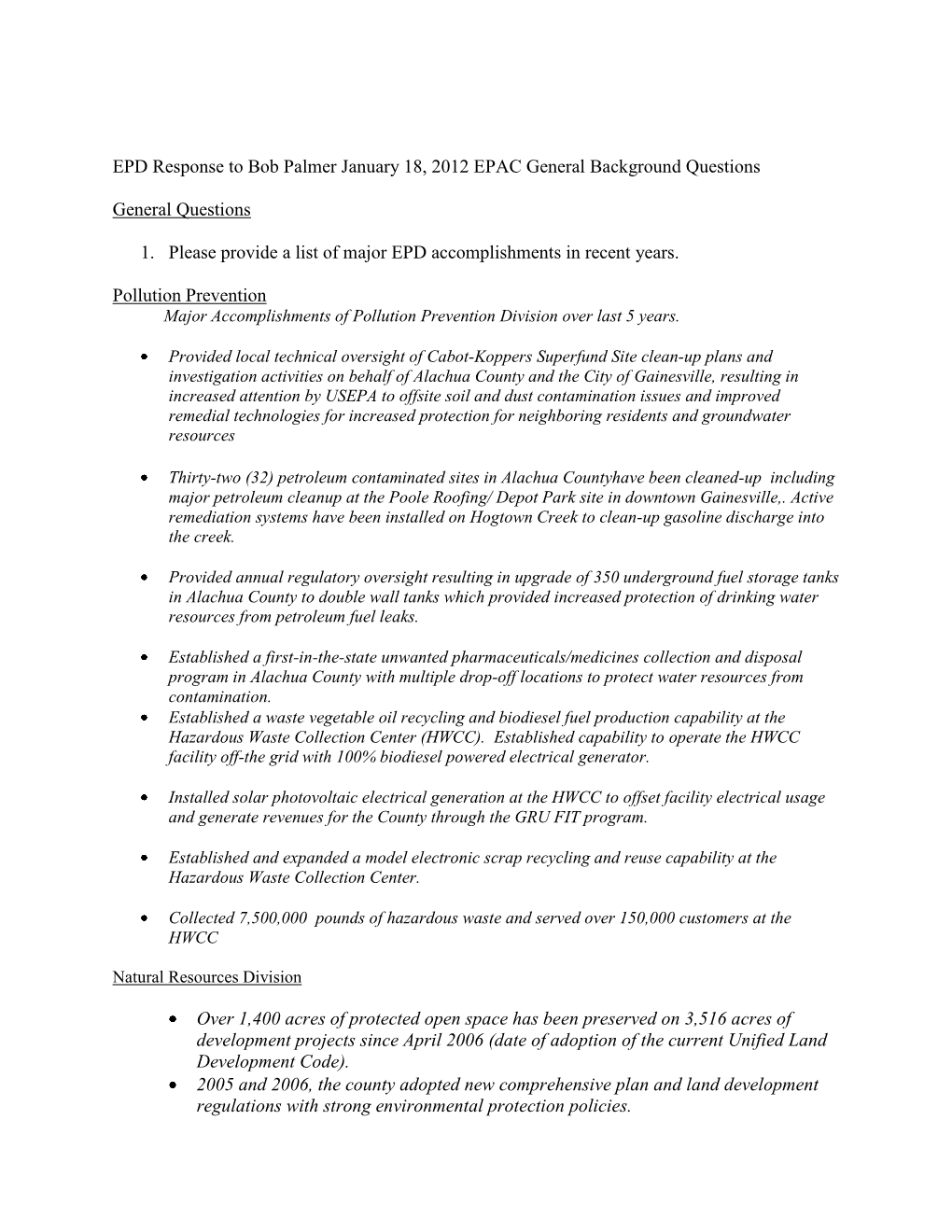 EPD Response to Bob Palmer January 18, 2012 EPAC General Background Questions