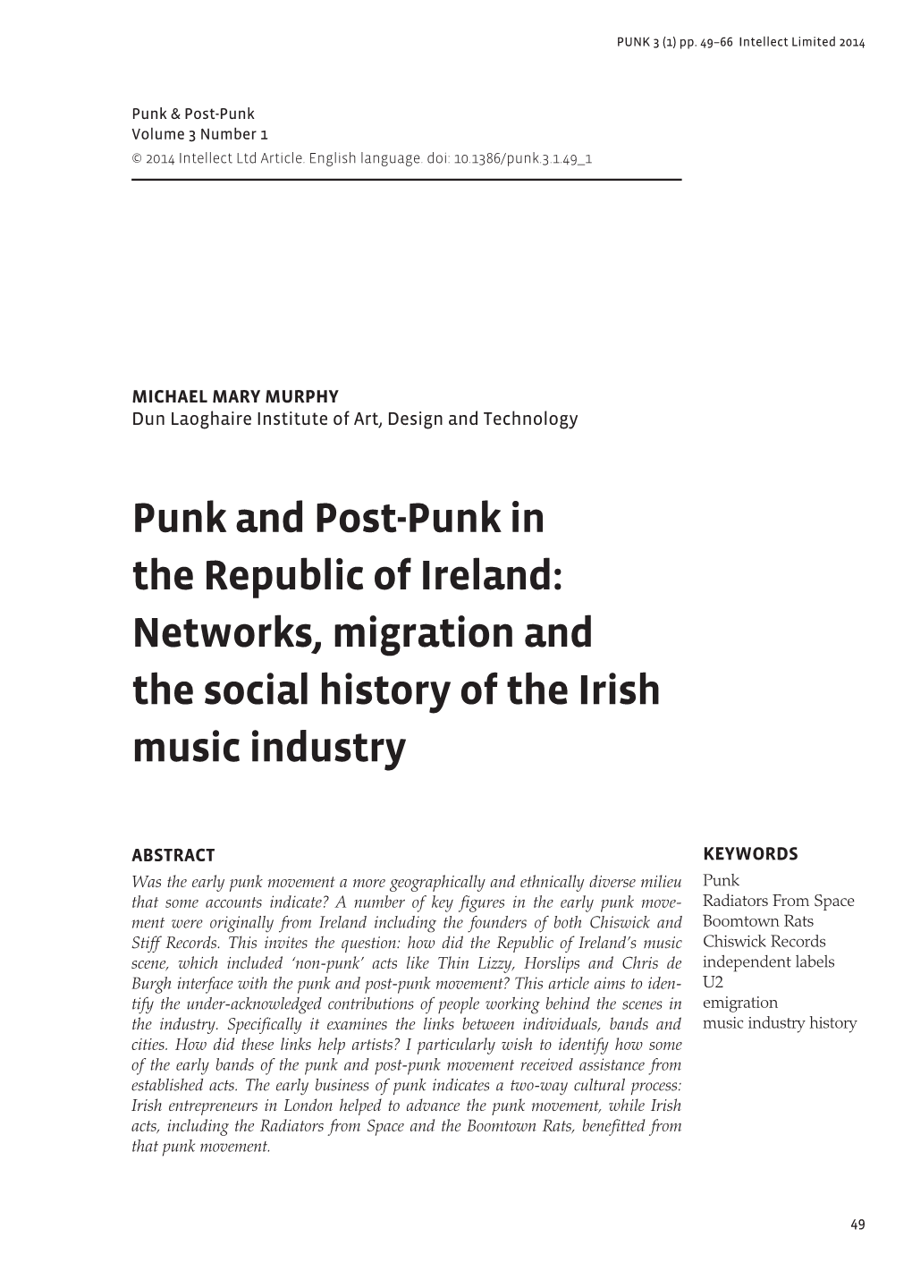 Punk and Post-Punk in the Republic of Ireland: Networks, Migration and the Social History of the Irish Music Industry