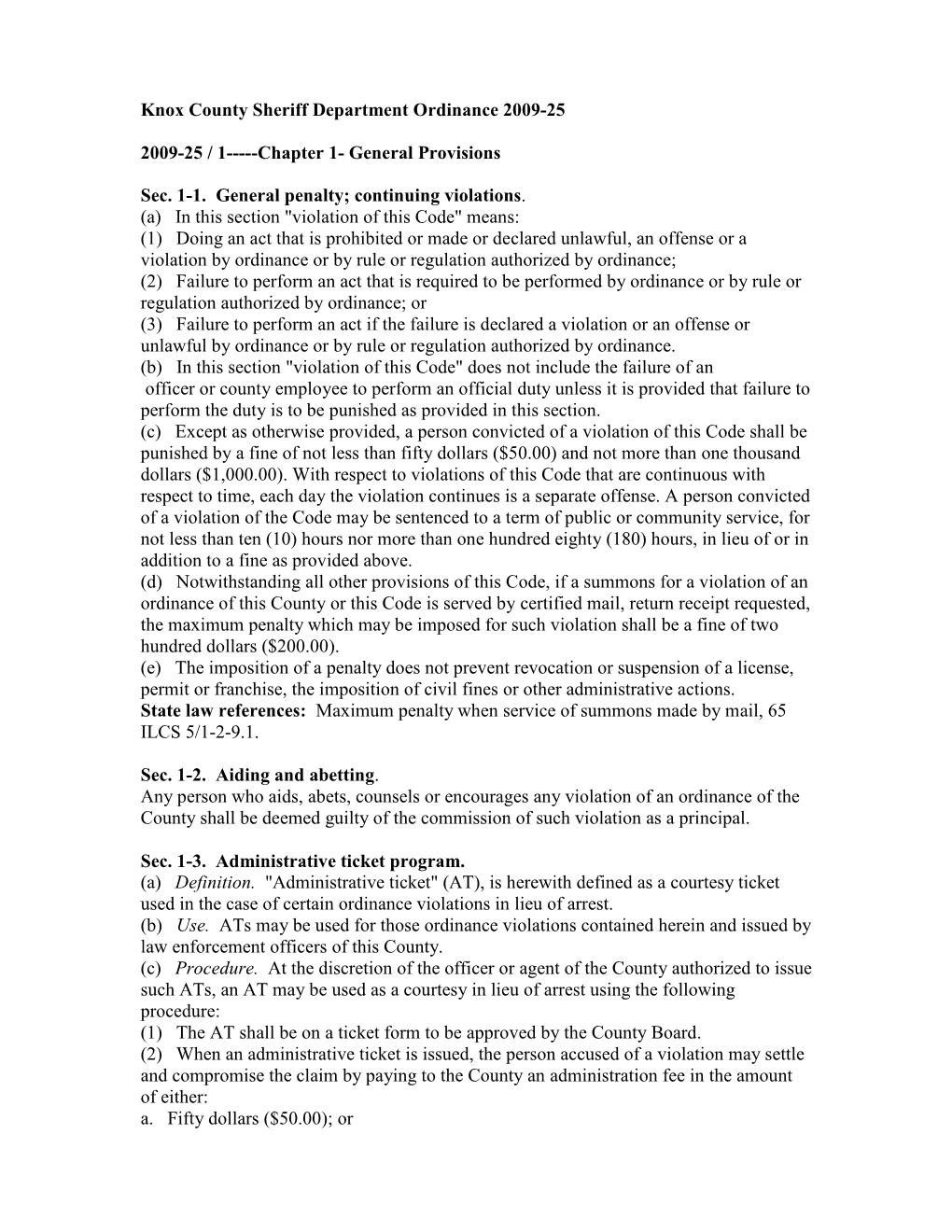 Knox County Sheriff Department Ordinance 2009-25