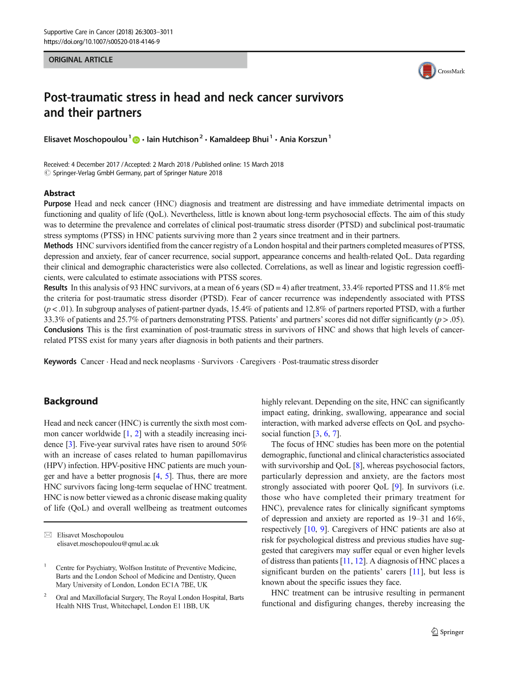 Post-Traumatic Stress in Head and Neck Cancer Survivors and Their Partners