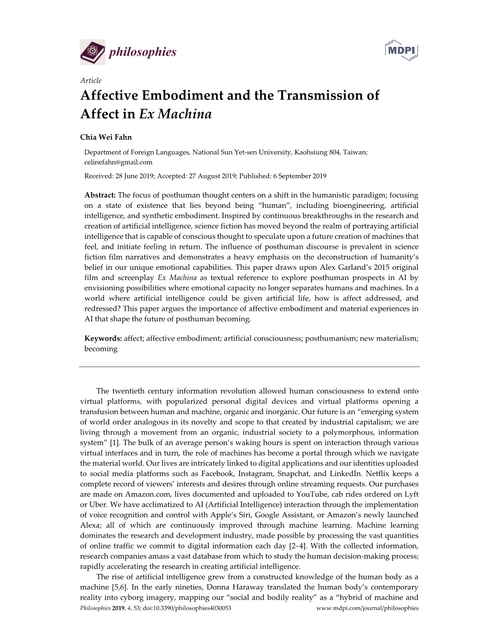 Affective Embodiment and the Transmission of Affect in Ex Machina