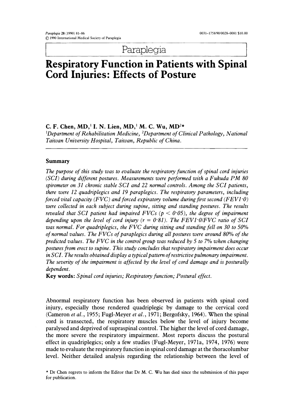 Respiratory Function in Patients with Spinal Cord Injuries: Effects of Posture