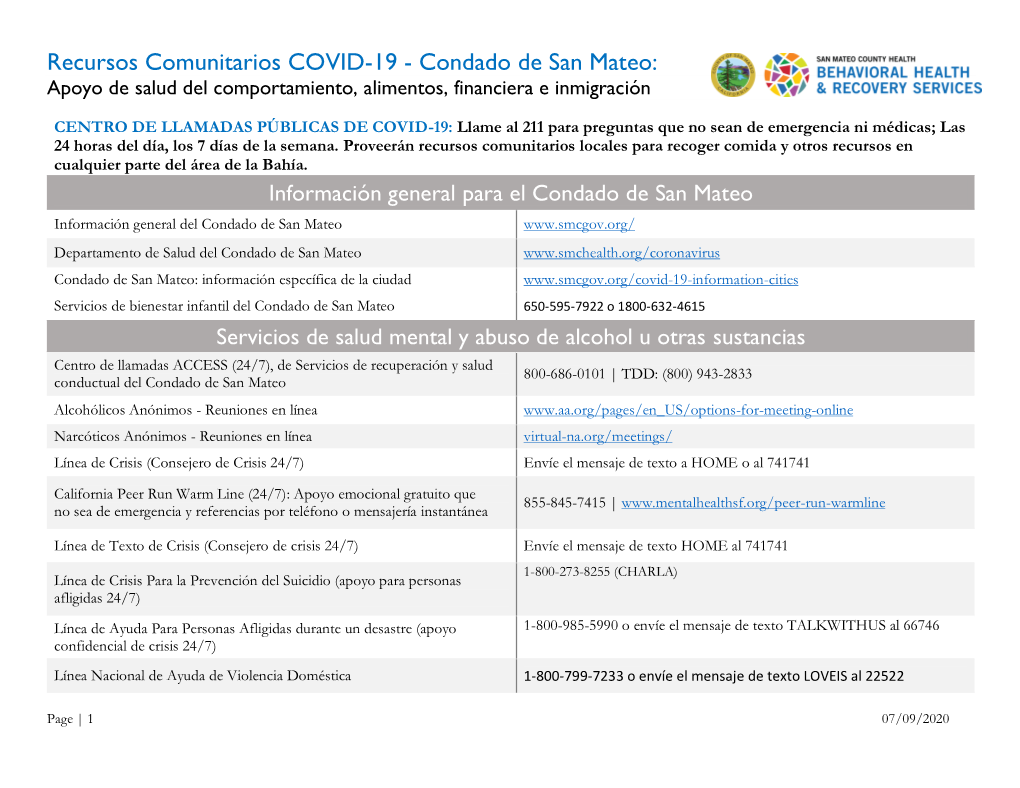 Recursos Comunitarios COVID-19 - Condado De San Mateo: Apoyo De Salud Del Comportamiento, Alimentos, Financiera E Inmigración