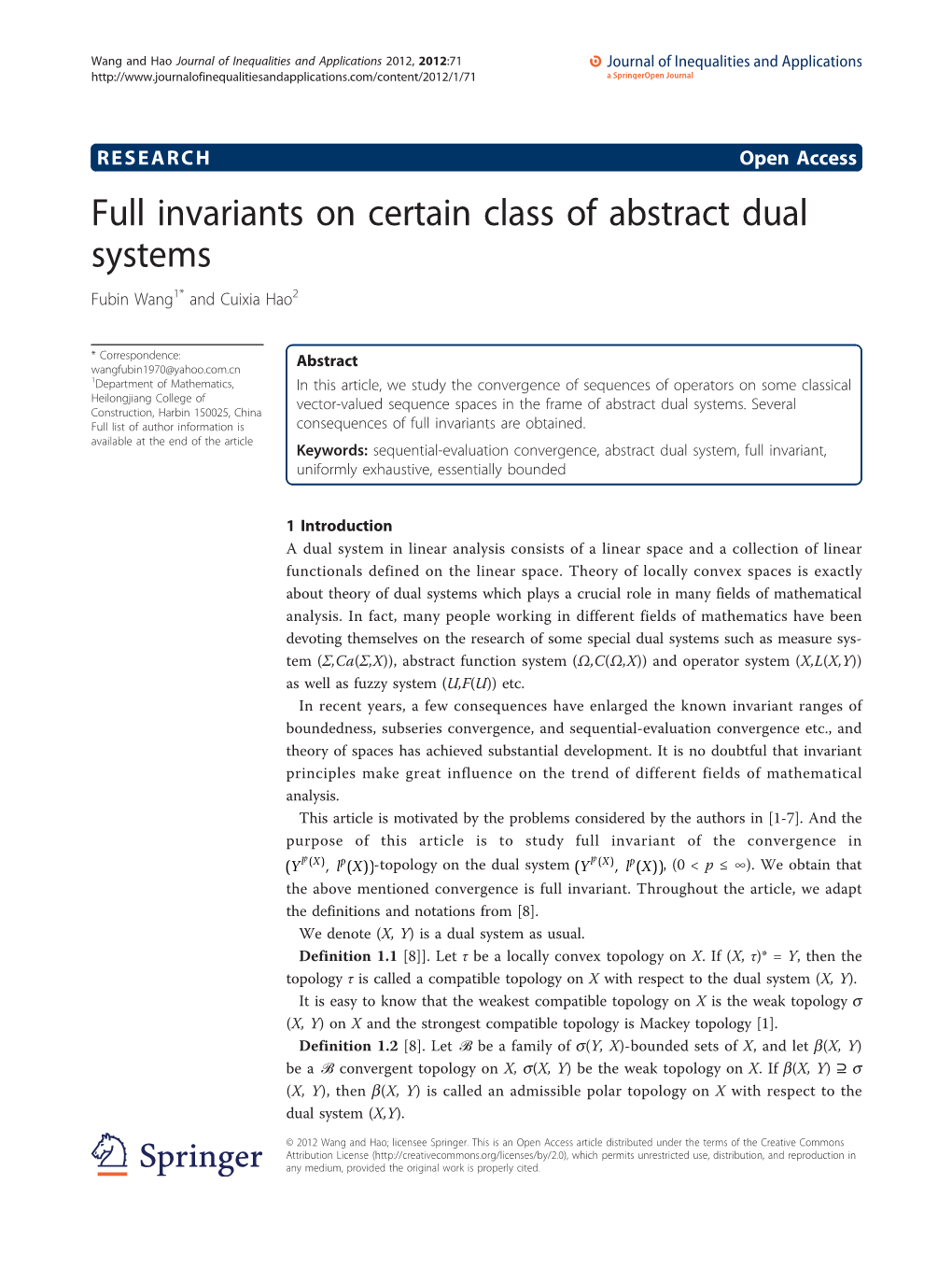 Full Invariants on Certain Class of Abstract Dual Systems Fubin Wang1* and Cuixia Hao2