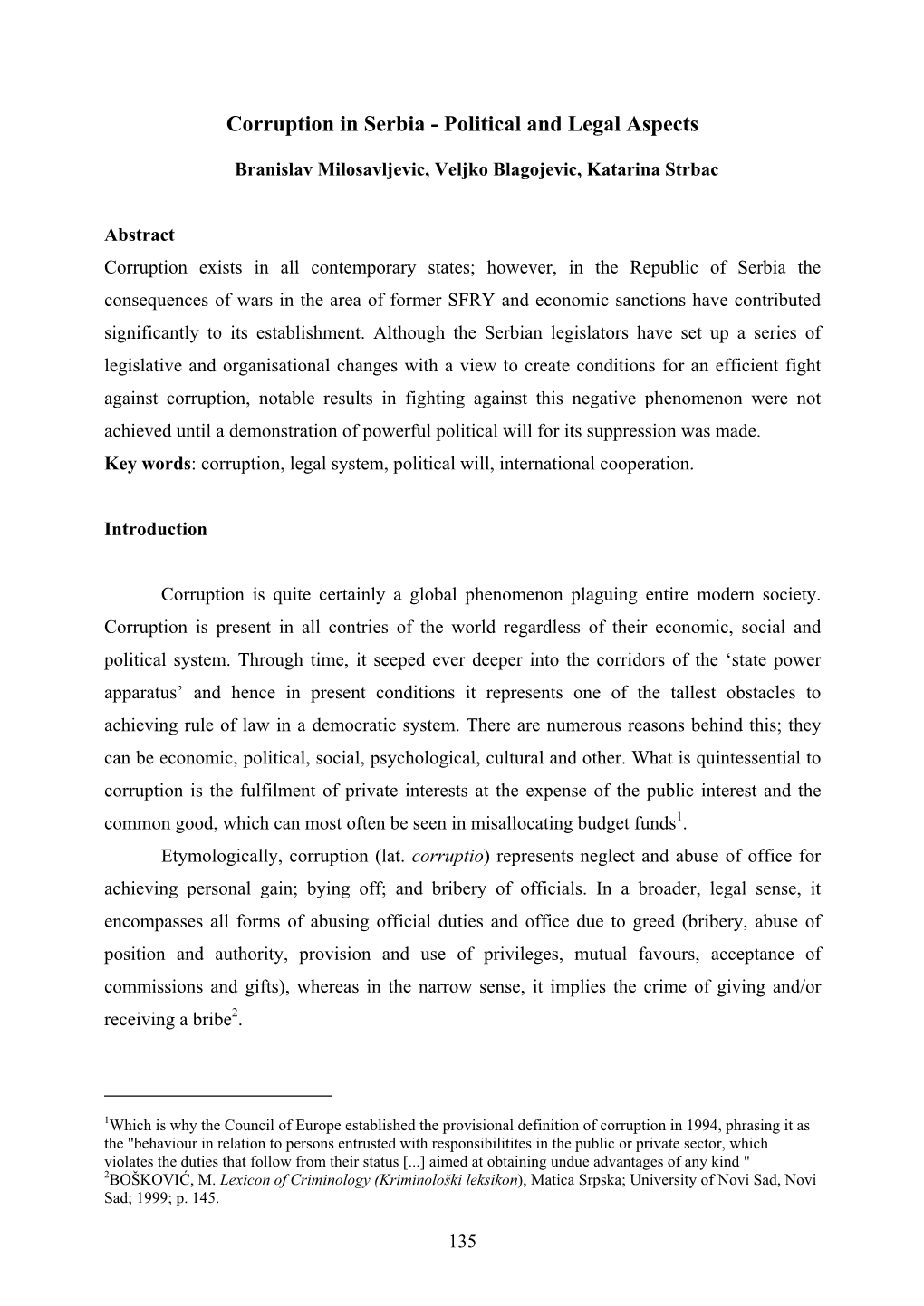 Corruption in Serbia - Political and Legal Aspects