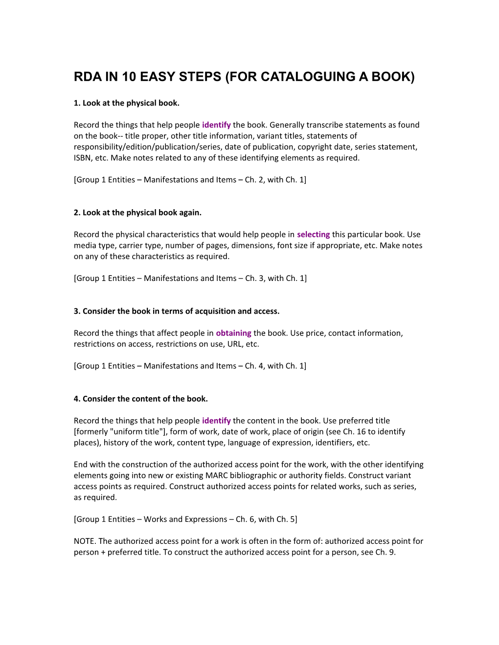 Rda in 10 Easy Steps (For Cataloguing a Book)