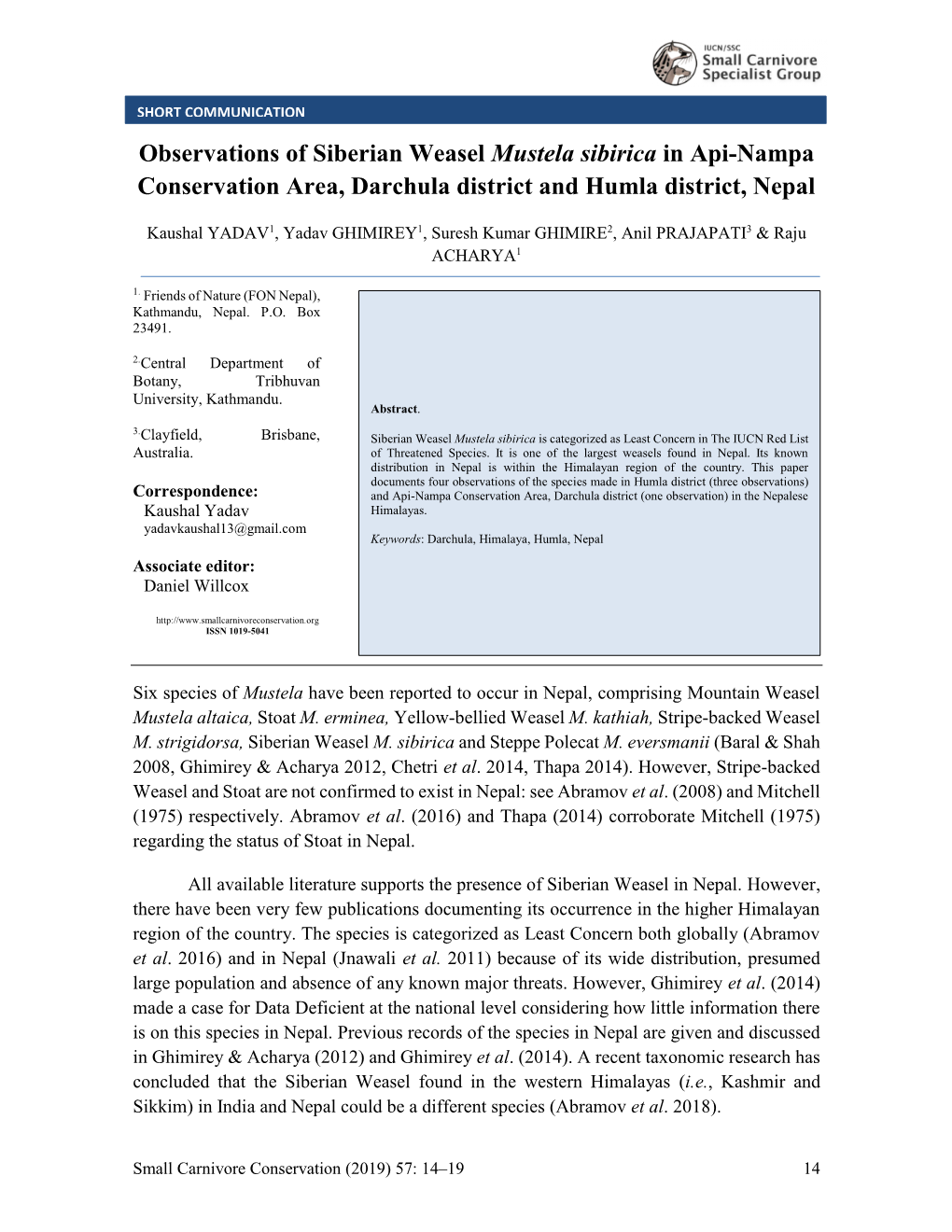 Observations of Siberian Weasel Mustela Sibirica in Api-Nampa Conservation Area, Darchula District and Humla District, Nepal