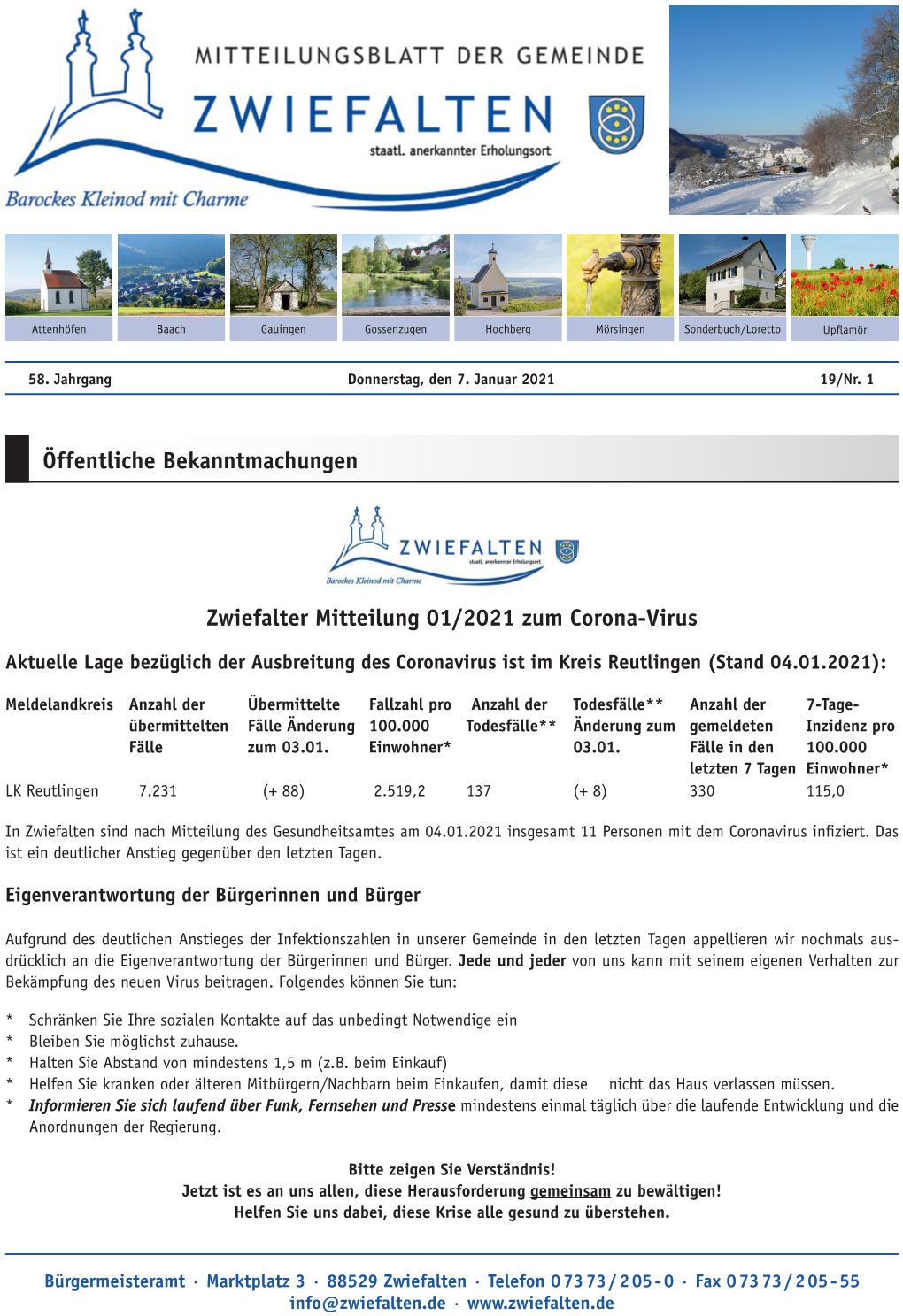 Zwiefalter Mitteilung 01/2021 Zum Corona-Virus Öffentliche