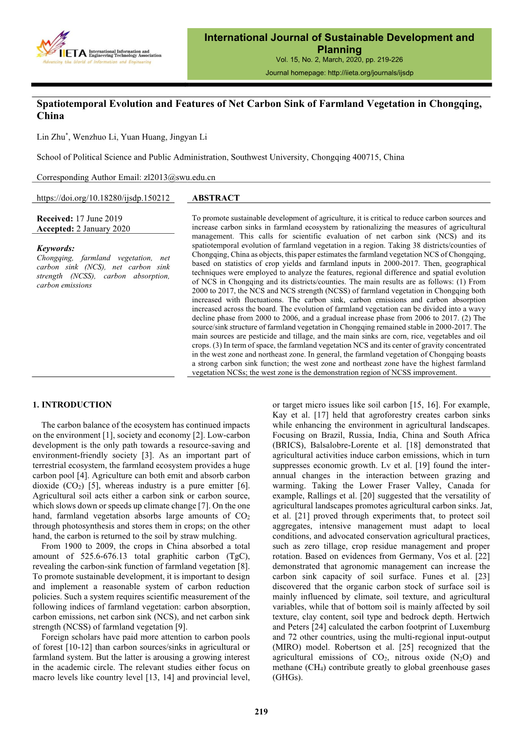 Spatiotemporal Evolution and Features of Net Carbon Sink of Farmland Vegetation in Chongqing, China