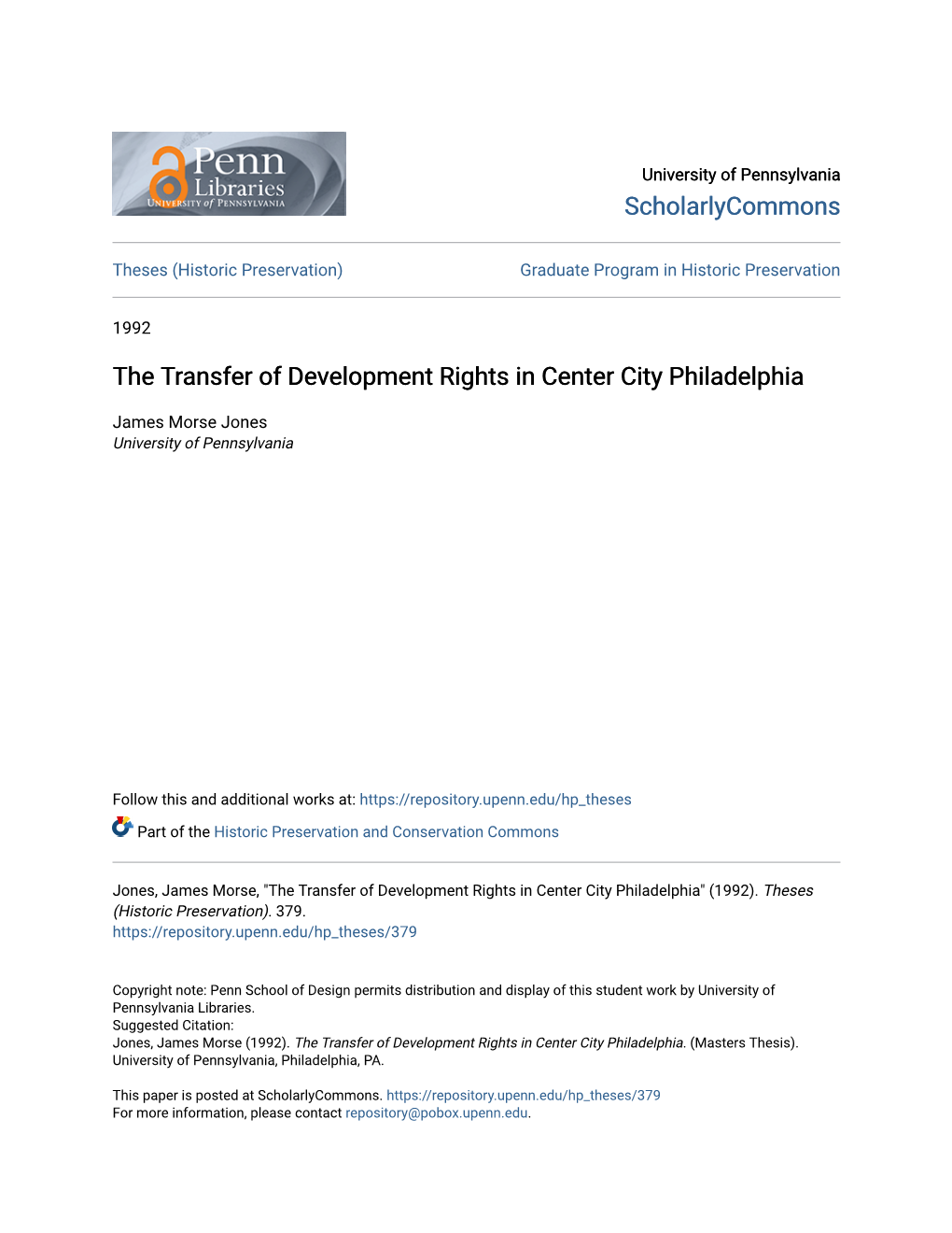 The Transfer of Development Rights in Center City Philadelphia