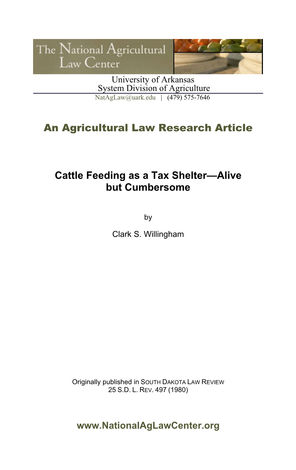 An Agricultural Law Research Article Cattle Feeding As a Tax Shelter