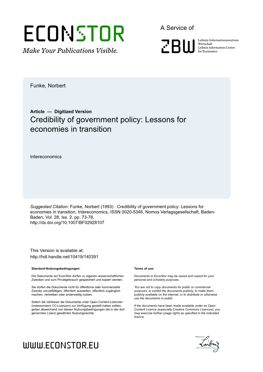 Credibility of Government Policy: Lessons for Economies in Transition