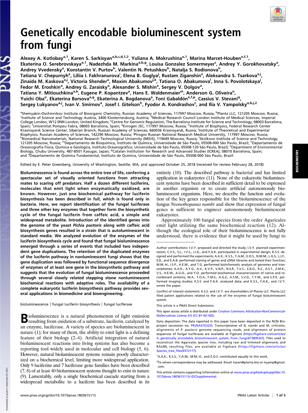 Genetically Encodable Bioluminescent System from Fungi