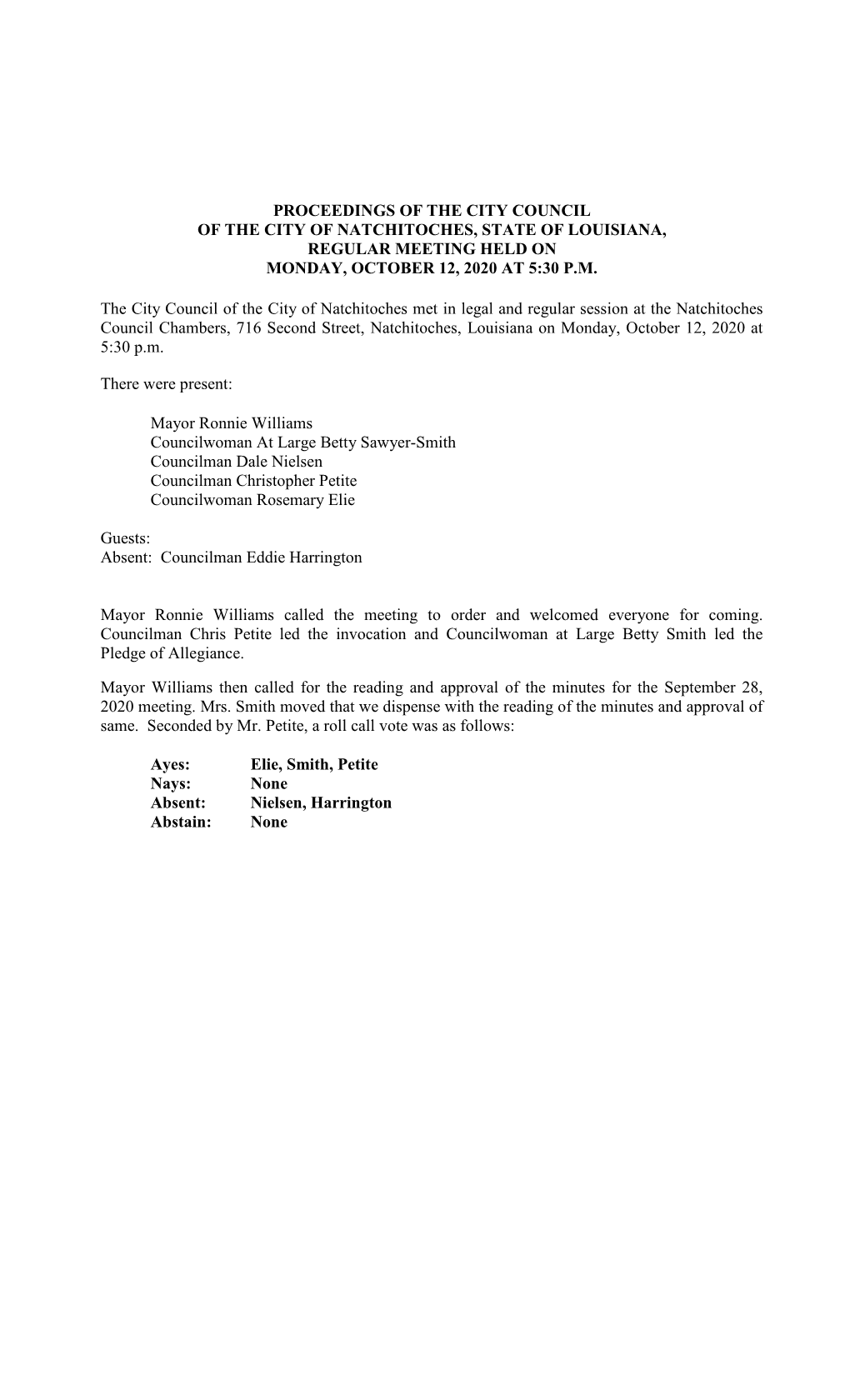 Proceedings of the City Council of the City of Natchitoches, State of Louisiana, Regular Meeting Held on Monday, October 12, 2020 at 5:30 P.M