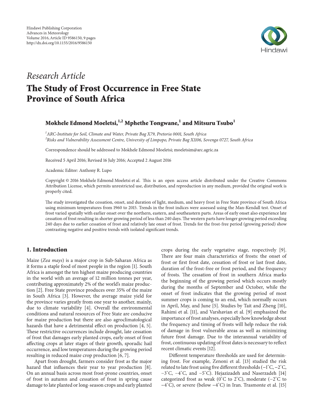 Research Article the Study of Frost Occurrence in Free State Province of South Africa