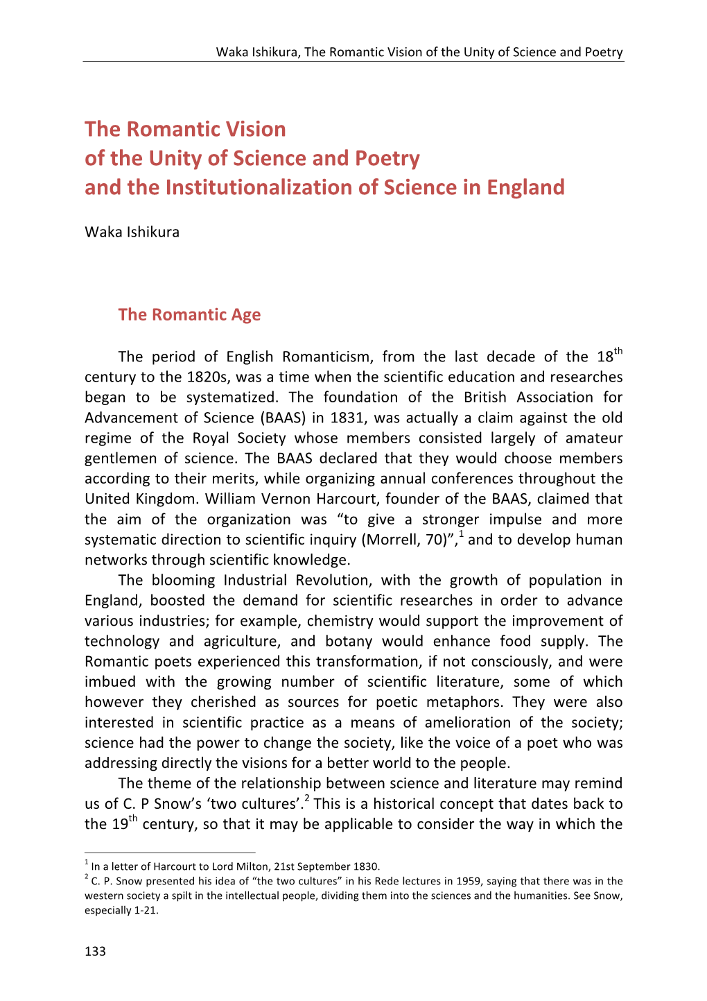 The Romantic Vision of the Unity of Science and Poetry and the Institutionalization of Science in England